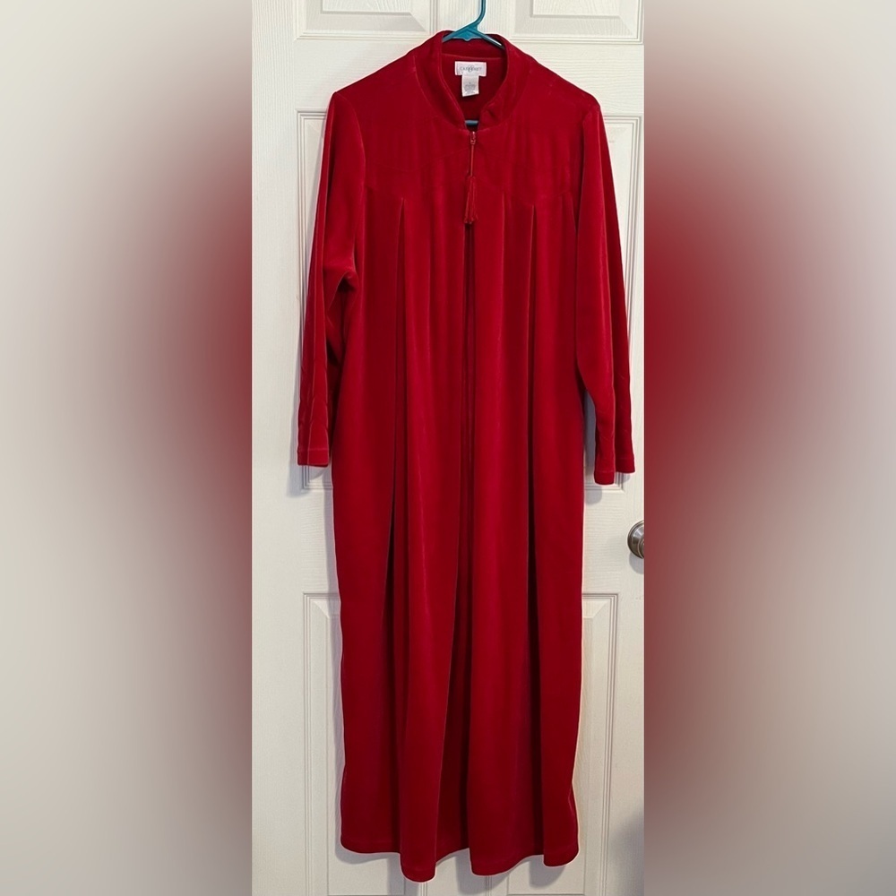 Vintage Cabernet Red Velour Long Housecoat Zip Up Robe Made in Hong Kong, Small